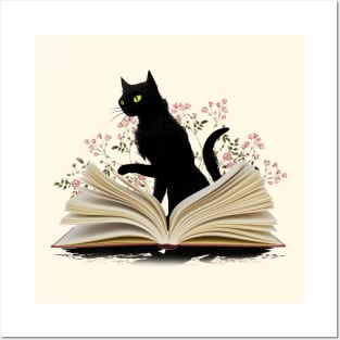 Cat reading a book, watercolor style, flowers growing from book, cats end books lovers lover Posters and Art